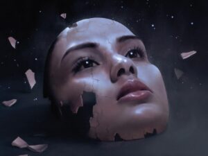 A woman's face with broken pieces coming off it, detached and floating in space.