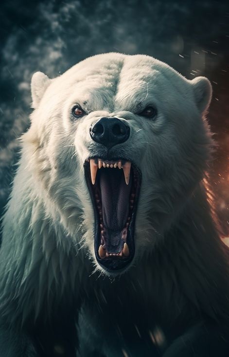 A picture of a ferocious polar bear with its mouth open, showing teeth.