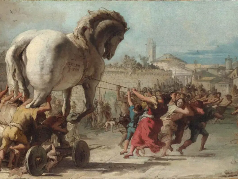 A painting of a group of people dragging the Trojan Horse into the city of Troy.