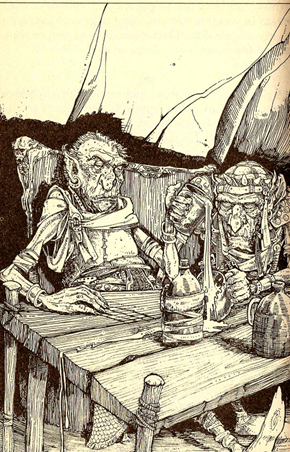 Two orcs drinking at a table, on what appears to be a boat.