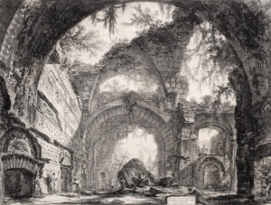 An etching of an ancient building's interior, showing arches and vines and broken stones.