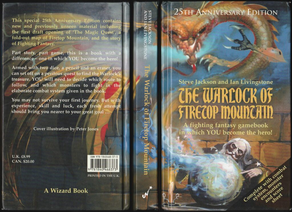 The front and back cover of a book titled 'The Warlock of Firetop Mountain'.